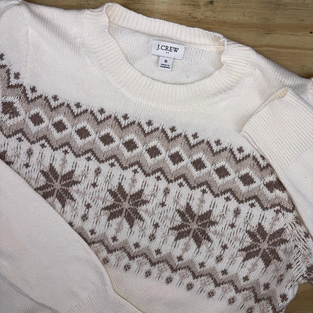 J Crew Women's Fair Isle Sweater Small Cotton Crewneck Holiday Christmas Beige